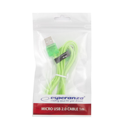 EB184G ESPERANZA MICRO USB 2.0 A-B M/M KABEL 1,0M ZELENÝ TRANSPARENTNÍ