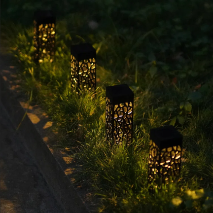 TG71286 SOLÁRNÍ ZAHRADNÍ LAMPA 6PCS OPENWORK LED LUCERNA POHÁNĚNÁ POST ČERNÁ