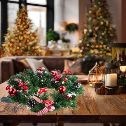 GOS0790 VÁNOČNÍ VĚNEC 15 SVĚTEL 40 CM ČERVENÝ A BÍLÝ