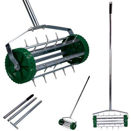 O16B Manual Aerator and Scarifier, Rotary Cylinder Type with Wheels, Lawn Spikes