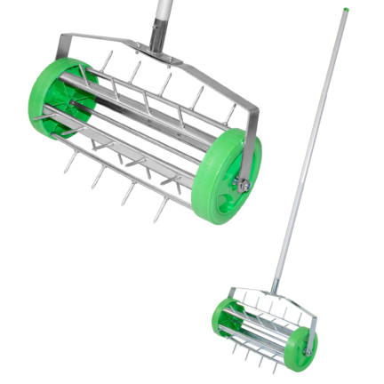 O16B Manual Aerator and Scarifier, Rotary Cylinder Type with Wheels, Lawn Spikes