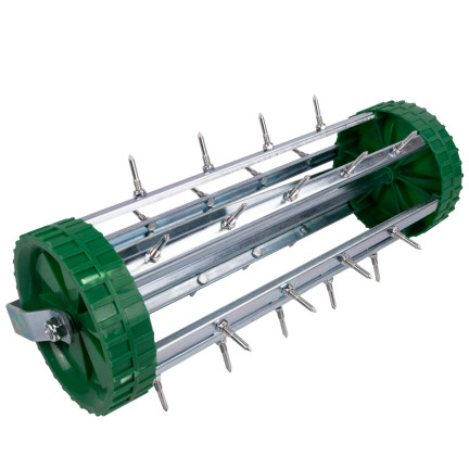 O16B Manual Aerator and Scarifier, Rotary Cylinder Type with Wheels, Lawn Spikes