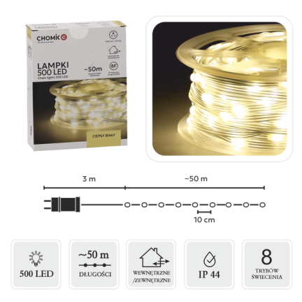 Mikro led světla na cívce, 500l, vánoční stromek, dovolená, teplá bílá, 3+50m