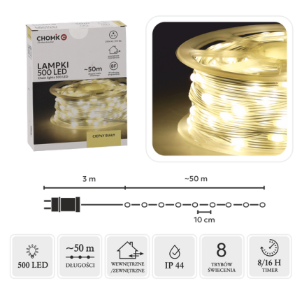 Mikro led světla na cívce, 500l, vánoční stromek, dovolená, teplá bílá, 3+50m