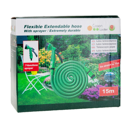 TG56038 FLEXIBLER GARTENSCHLAUCH MIT BEWÄSSERUNGSPISTOLE15M + ANSCHLÜSSE