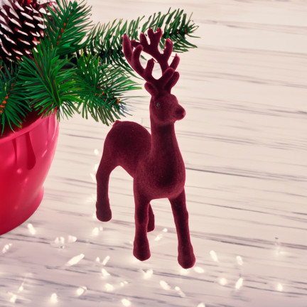 TG56927-3 RENTIER BEFLOCKT KASTANIENBRAUN VELOURS WEIHNACHTEN DEKORATION FIGUR