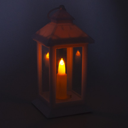 Led lucerna, bílá, na baterie, teplé světlo, imituje plamen, s rukojetí, výška 17 cm