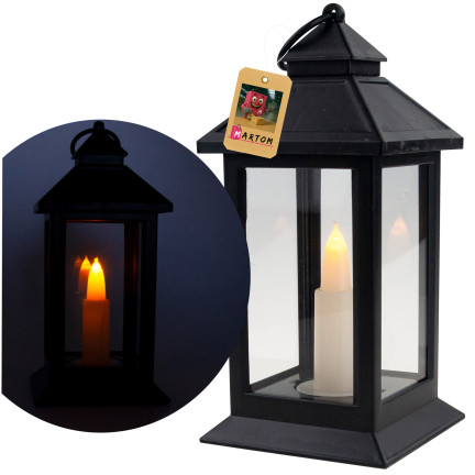 Led lucerna, černá, na baterie, teplé světlo, imituje plamen, s rukojetí, výška 17 cm