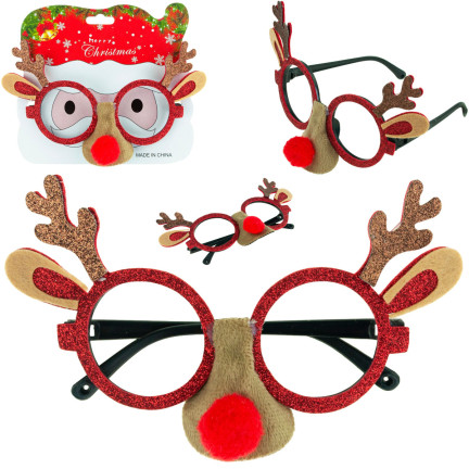 TG59740 Weihnachtsbrille Rentier rote Nase Glitzer lustig für Mickeys