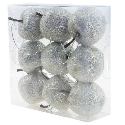 TG61386-1 Christbaumkugeln Apfel-Anhänger Glitzer-Apfel-Ornamente 9St. silber