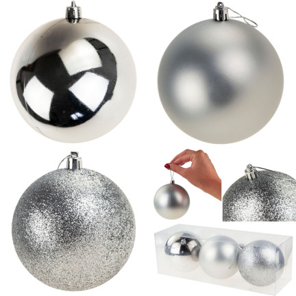 TG63128-1 SILBERNE WEIHNACHTSBAUMKUGELN 10CM 3ER SET UNZERBRECHLICHE KUGELN