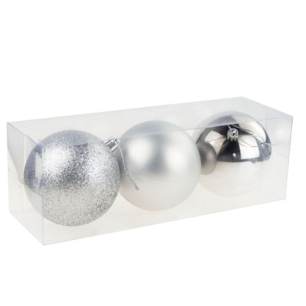 TG63128-1 SILBERNE WEIHNACHTSBAUMKUGELN 10CM 3ER SET UNZERBRECHLICHE KUGELN