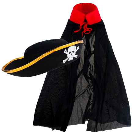 Pirátský kostým, černý, dětský halloweenský převlek, klobouk a plášť, sada