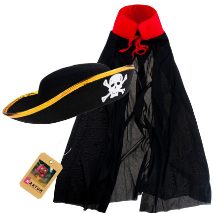 Pirátský kostým, černý, dětský halloweenský převlek, klobouk a plášť, sada