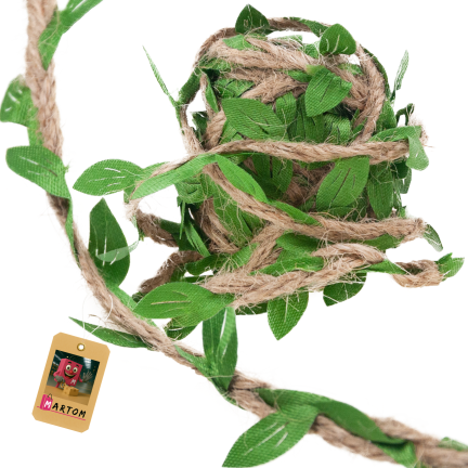 Jute twine, decorative, for gift wrapping, with leaves, 3 m