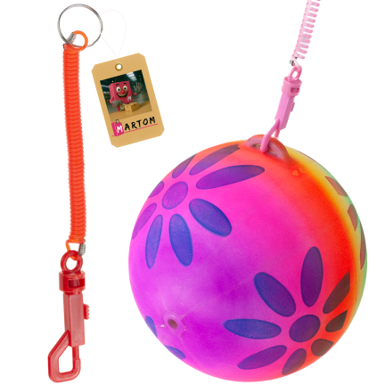 TG71991 BUNTER, FEDERBELASTETER, AUFBLASBARER SOFTBALL AUS GUMMI MIT TRAININGSSCHNUR