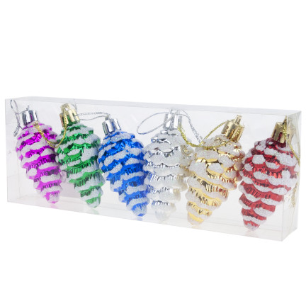 TG74291-2 WEIHNACHTSKUGELN SET TANNENZAPFEN ANHÄNGER 6 STÜCK FARBIG
