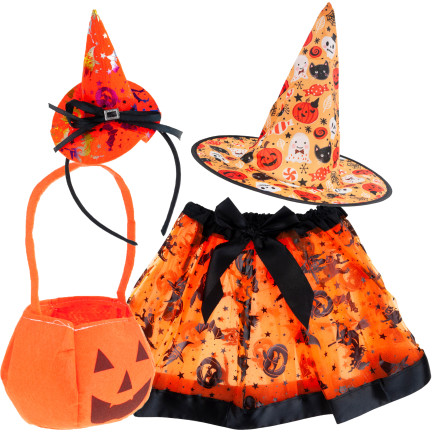Převlek čarodějnice, kostým čarodějnice, oranžovo-černý, pro dívky, na halloweenský ples, sada