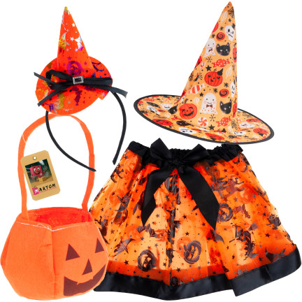 Převlek čarodějnice, kostým čarodějnice, oranžovo-černý, pro dívky, na halloweenský ples, sada
