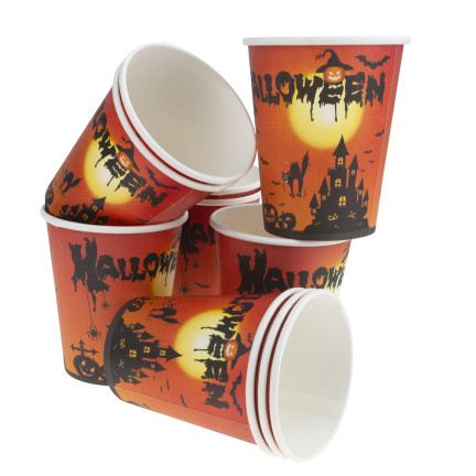 TG76539 HALLOWEEN BECHER 10PCS WEGWERFBARE PAPIERBECHER KÜRBIS KATZE PARTY