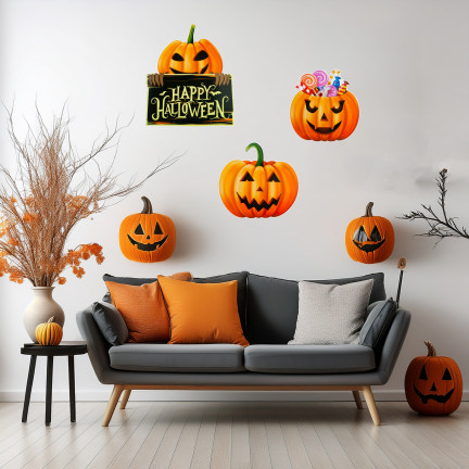 Závěsná dekorace na dveře do okna, papír, oranžová barva, dýně, motiv Halloween, sada 3 dýní