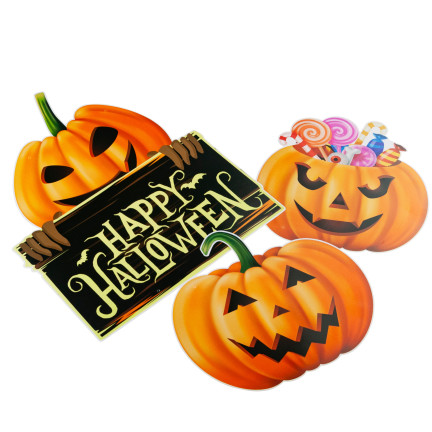 Závěsná dekorace na dveře do okna, papír, oranžová barva, dýně, motiv Halloween, sada 3 dýní