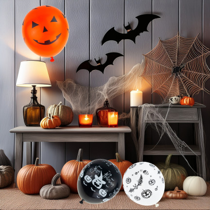 Latexové balónky, mix barev, mix vzorů, s motivem Halloweenu, s dýněmi, sada 6ks.