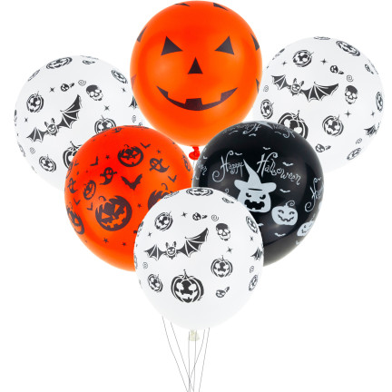 Latexové balónky, mix barev, mix vzorů, s motivem Halloweenu, s dýněmi, sada 6ks.