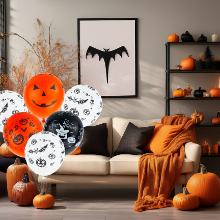 Latexové balónky, mix barev, mix vzorů, s motivem Halloweenu, s dýněmi, sada 6ks.