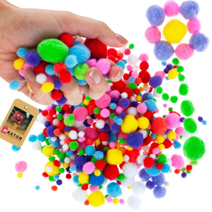 TG80414 Creative plush pom-poms, assorted colors and sizes, for crafts, 1–3 cm, set of 450 pieces