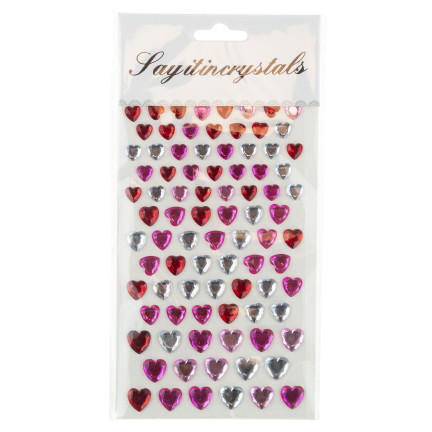 Self-adhesive crystals, rhinestone stickers, hearts, assorted colors, set of 87 pieces