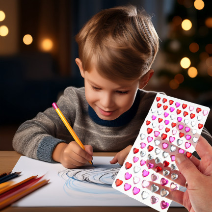 Self-adhesive crystals, rhinestone stickers, hearts, assorted colors, set of 87 pieces