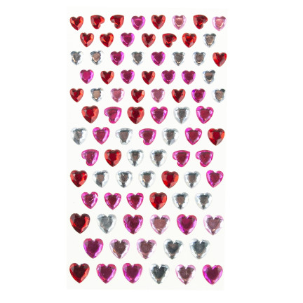 Self-adhesive crystals, rhinestone stickers, hearts, assorted colors, set of 87 pieces