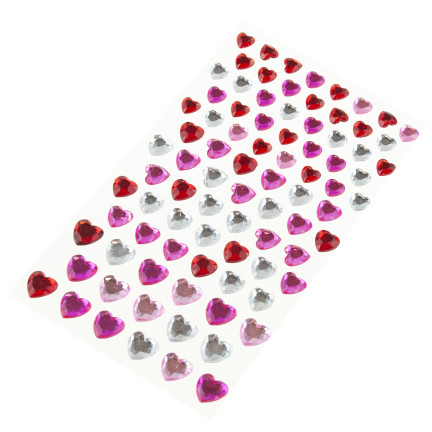 Self-adhesive crystals, rhinestone stickers, hearts, assorted colors, set of 87 pieces