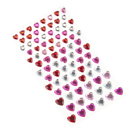 Self-adhesive crystals, rhinestone stickers, hearts, assorted colors, set of 87 pieces