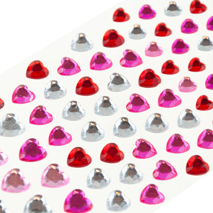 Self-adhesive crystals, rhinestone stickers, hearts, assorted colors, set of 87 pieces