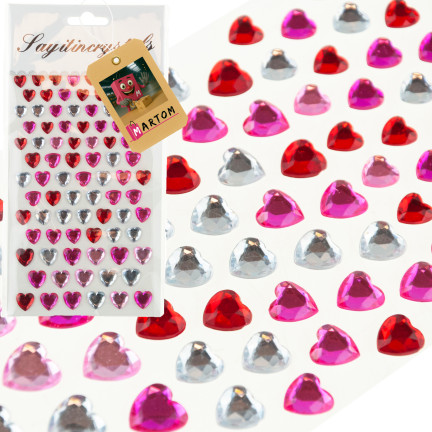 Self-adhesive crystals, rhinestone stickers, hearts, assorted colors, set of 87 pieces