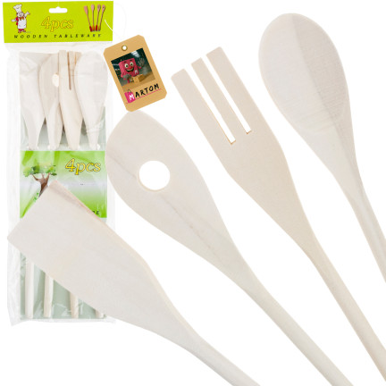 WUI0201 HOLZ KÜCHENUTENSILIEN SET LÖFFEL SPATEL 4 EL