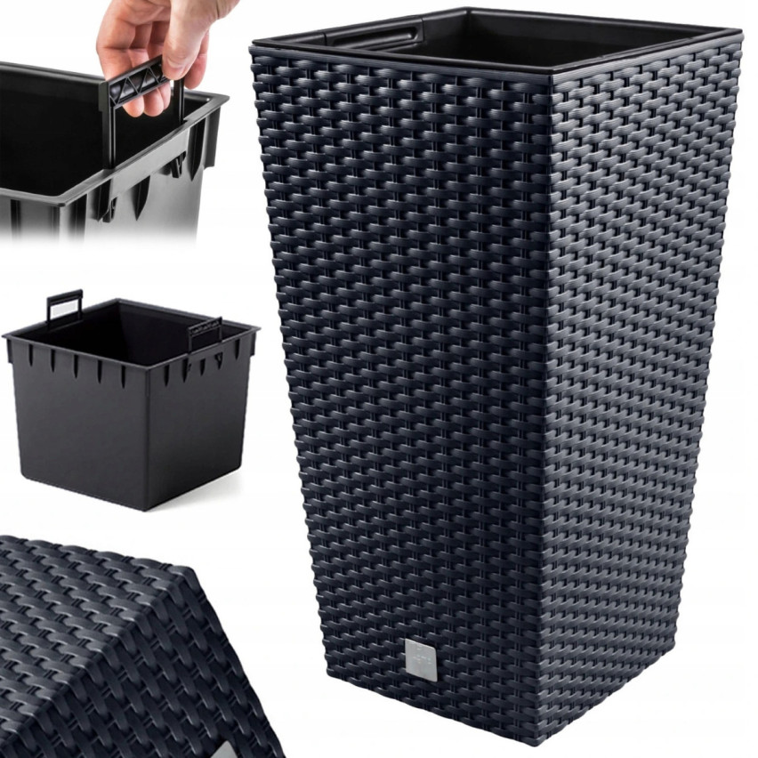 DRTS265-S433 GROSSER BLUMENTOPF RATTAN OUTDOOR-TOPF ANTHRAZIT MIT EINSATZGEHÄUSE