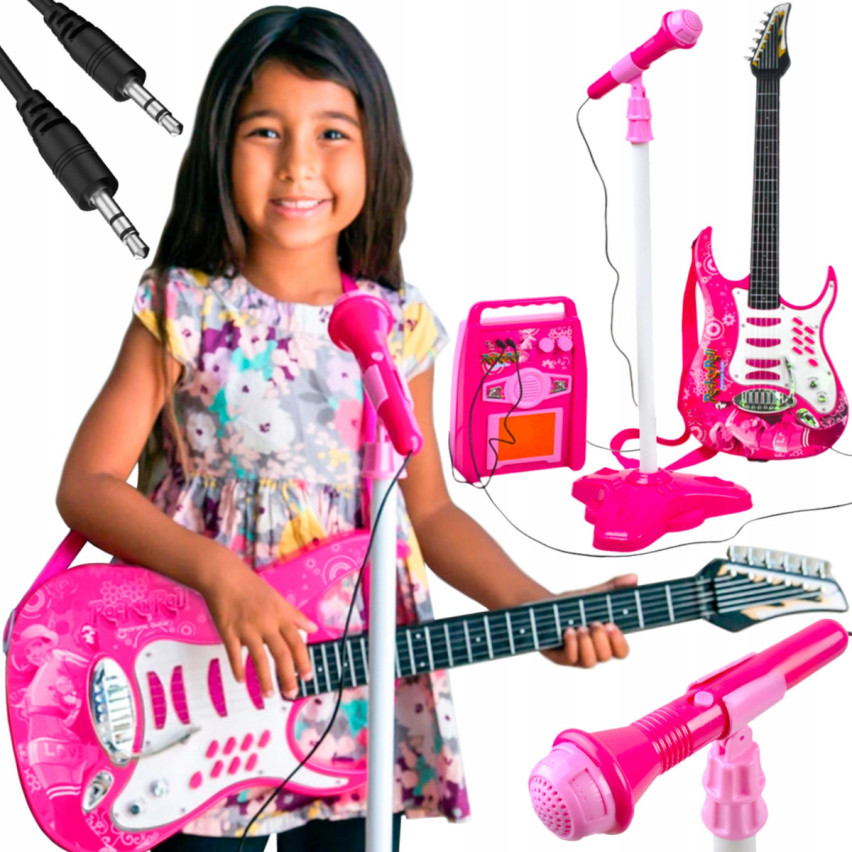 TG55489-2 LARGE ELECTRIC GUITAR FOR CHILDREN Mikrofon Stompbox Verstärker Stand rosa