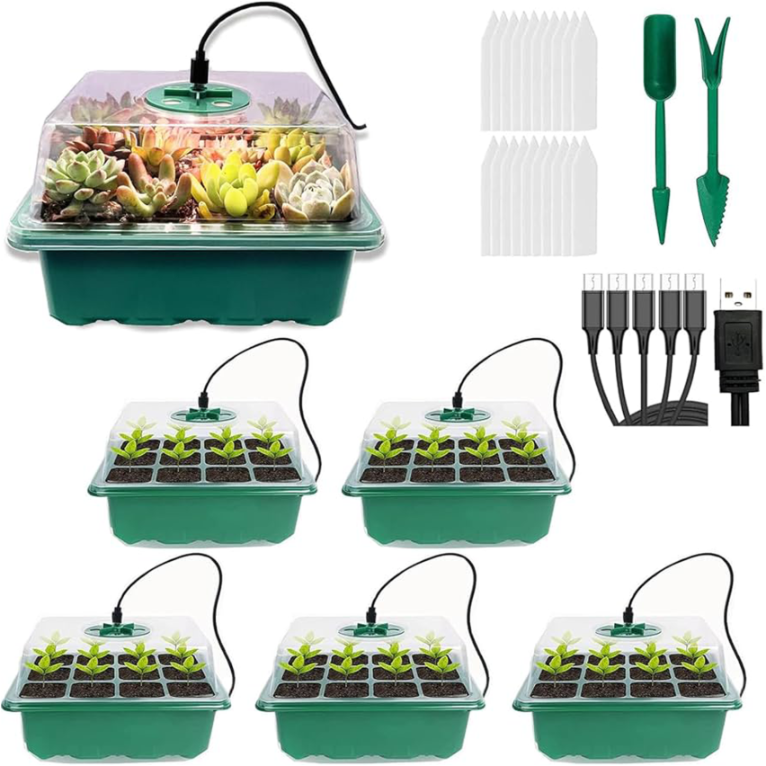 TG77615 Set aus 5 Mini-Setzlingsgewächshäusern mit LED-Beleuchtung, ideal für Keimung und Pflanzenwachstum, Startertrays